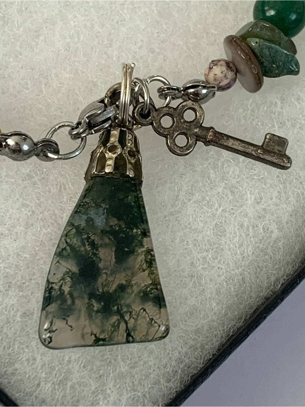 Multicolor Beaded Gemstone Charm Bracelet with Moss Agate Pendant